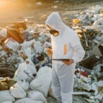 Naukowiec w kombinezonie ochronnym bada wysypisko o zachodzie słońca