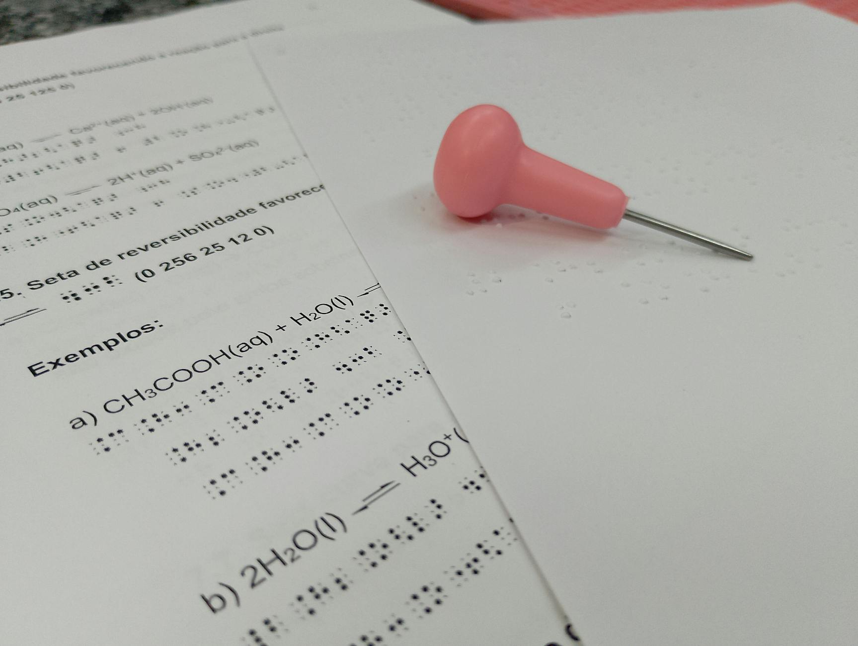 Arkusz chemiczny w brajlu z różowym pinezką na stole